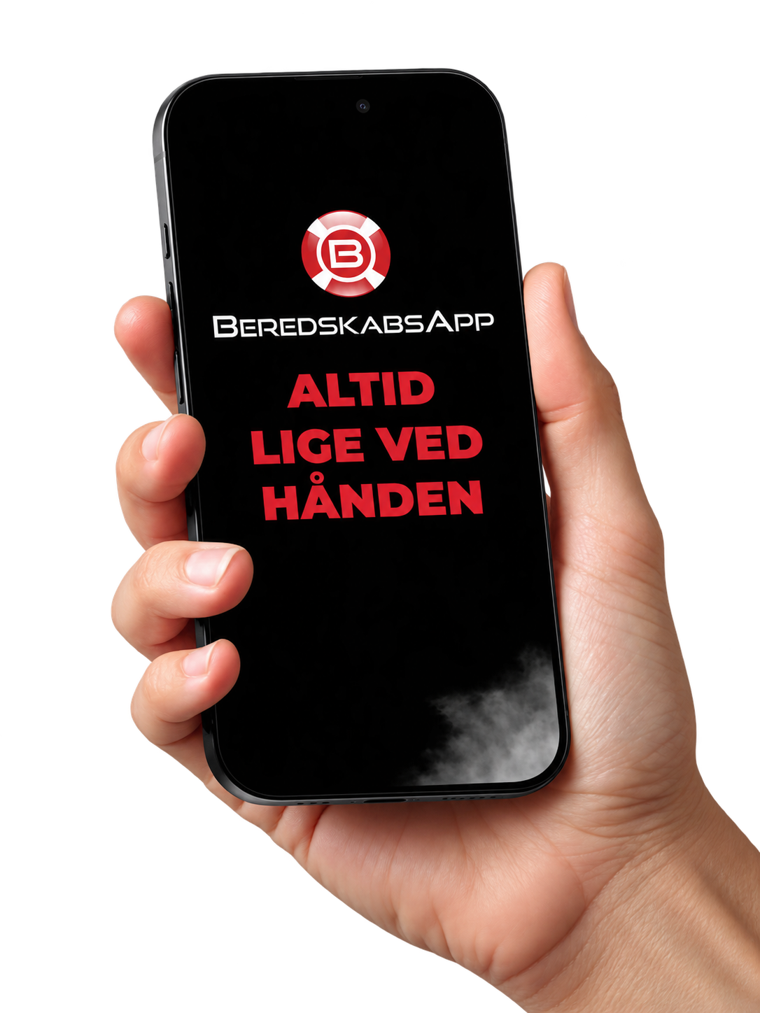 En hånd holder en mobiltelefon med Beredskabsapp og teksten Altid lige ved hånden